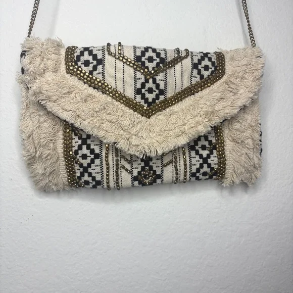 Antik Kraft Boho Beaded Fringe Black and Cream Crossbody Clutch - Picture 3 of 10